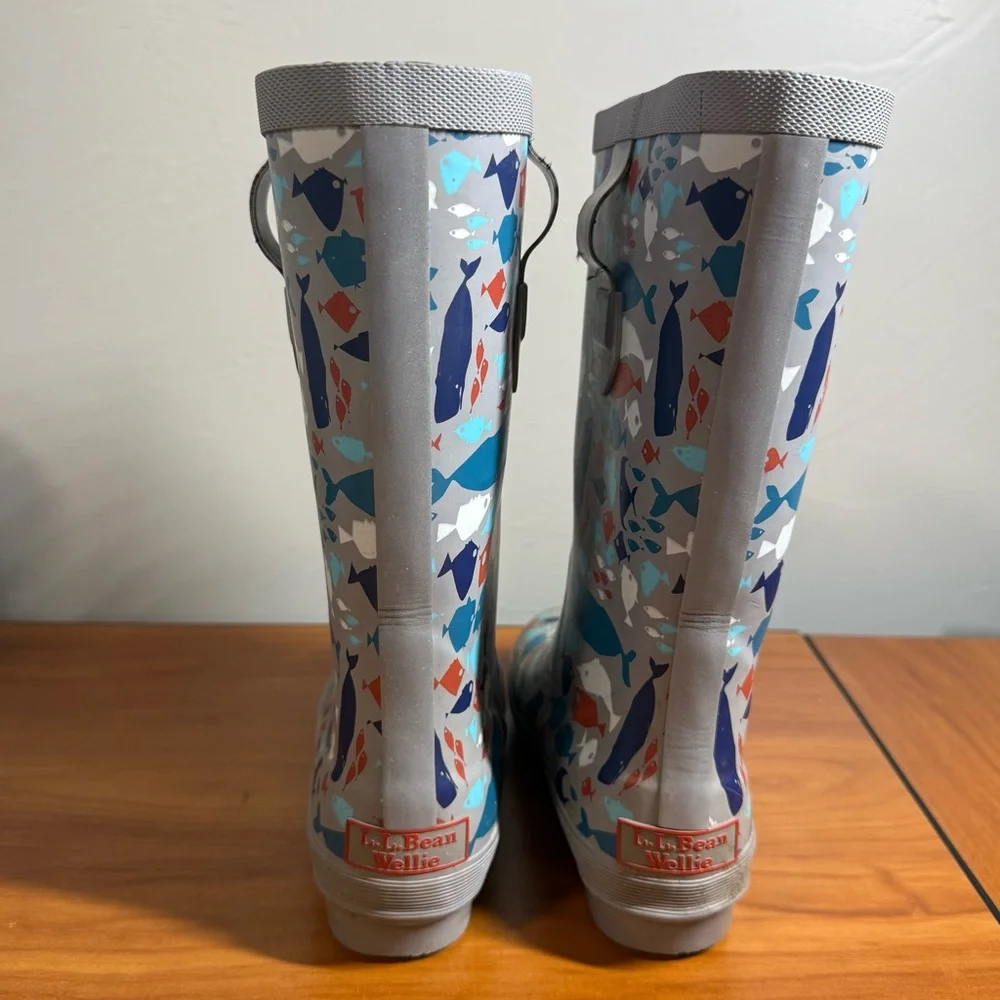 L.L. Bean Kids Wellie Rain Boots Ocean Fish Grey Unisex Rubber Spring Big Kids 2
